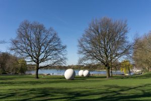 Meadow with concrete balls in Münster, North Rhine-Westphalia (NRW)